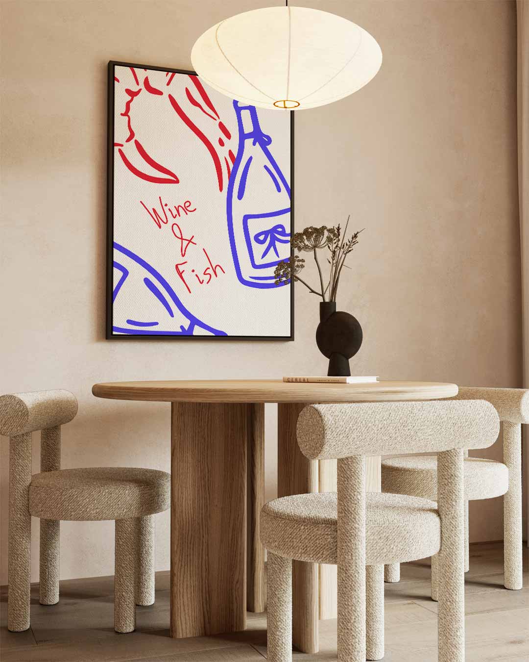 Wijn en Vis Illustratie – canvas wanddecoratie in portret formaat