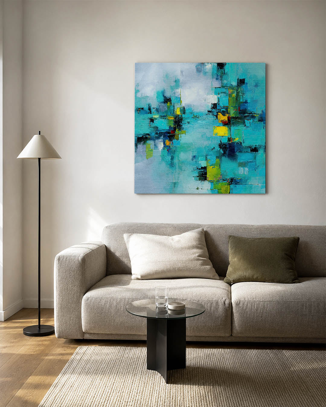 Kleurrijke geometrie kunstwerk – vierkante wanddecoratie – dit werk toont een dynamische compositie van rechthoekige vormen