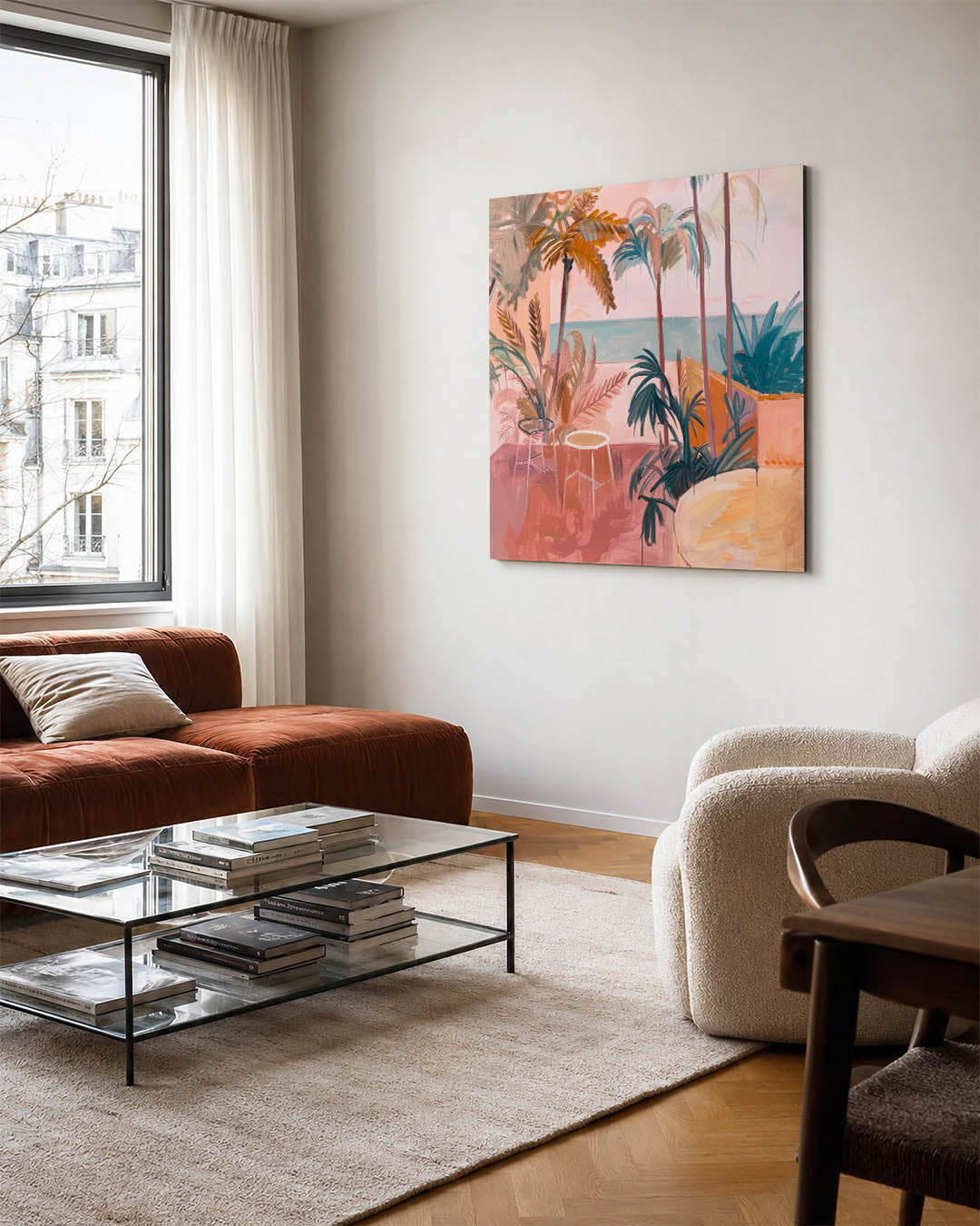 Tropische droomtuin kunstwerk – vierkante wanddecoratie – dit kunstwerk toont een levendige tuin met palmbomen en planten in