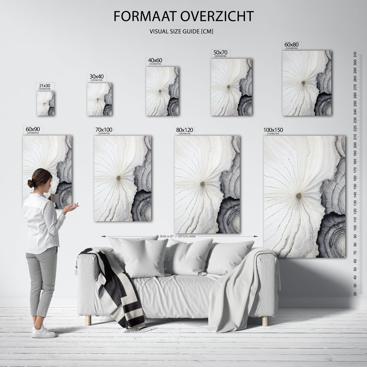 Houtnerf en ringen – staande muurposter met zachte abstracte vormen
