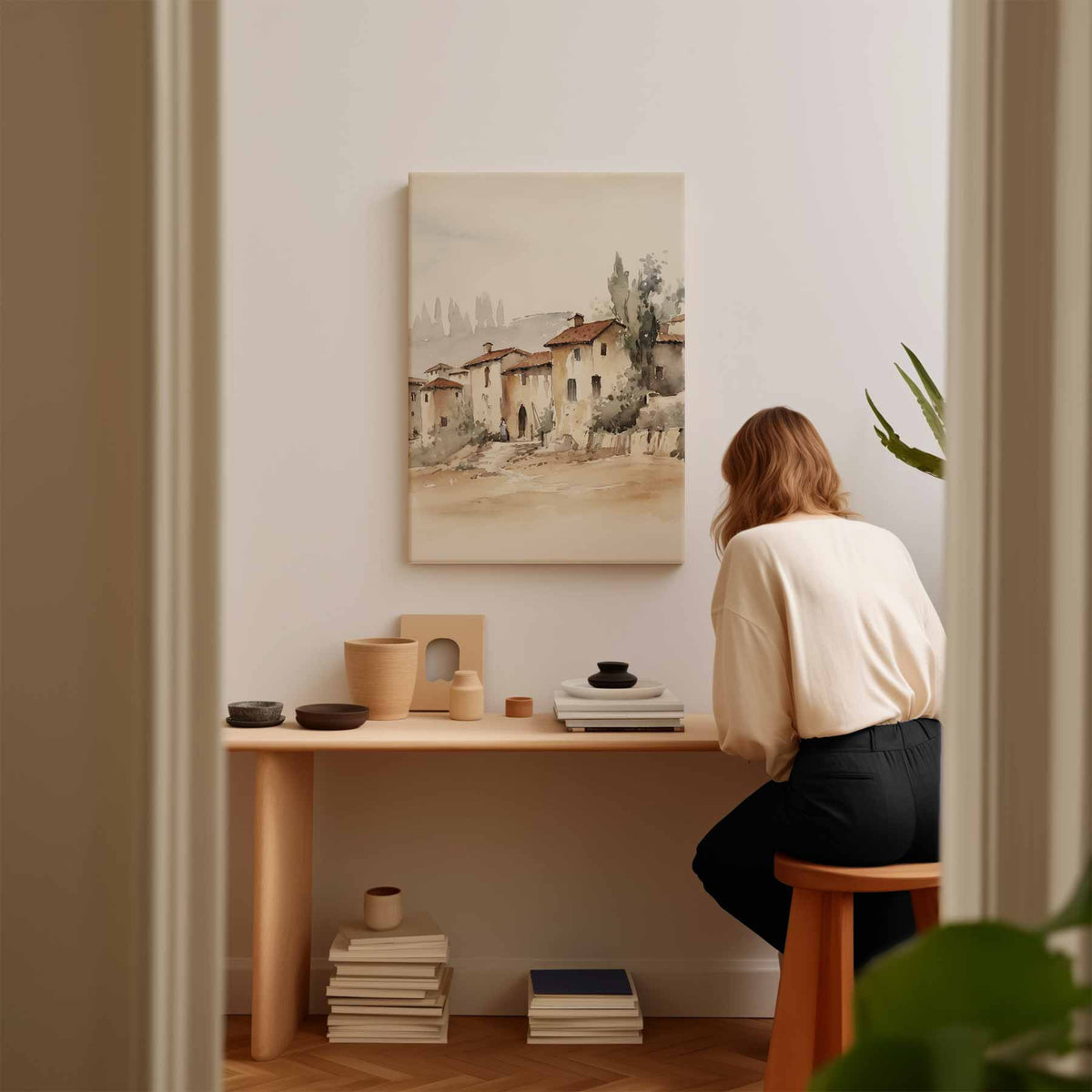 Dromerige Toscaanse Dorpstafereel – canvas kunstwerk als wanddecoratie