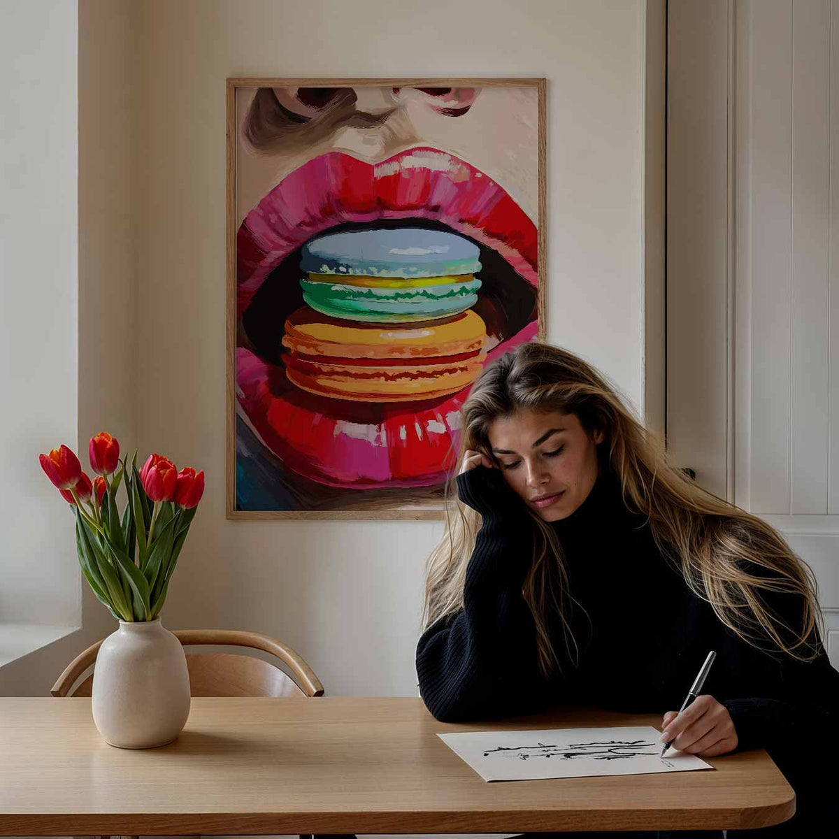 Kleurrijke Macaron Kus – staande muurposter met zomerse uitstraling