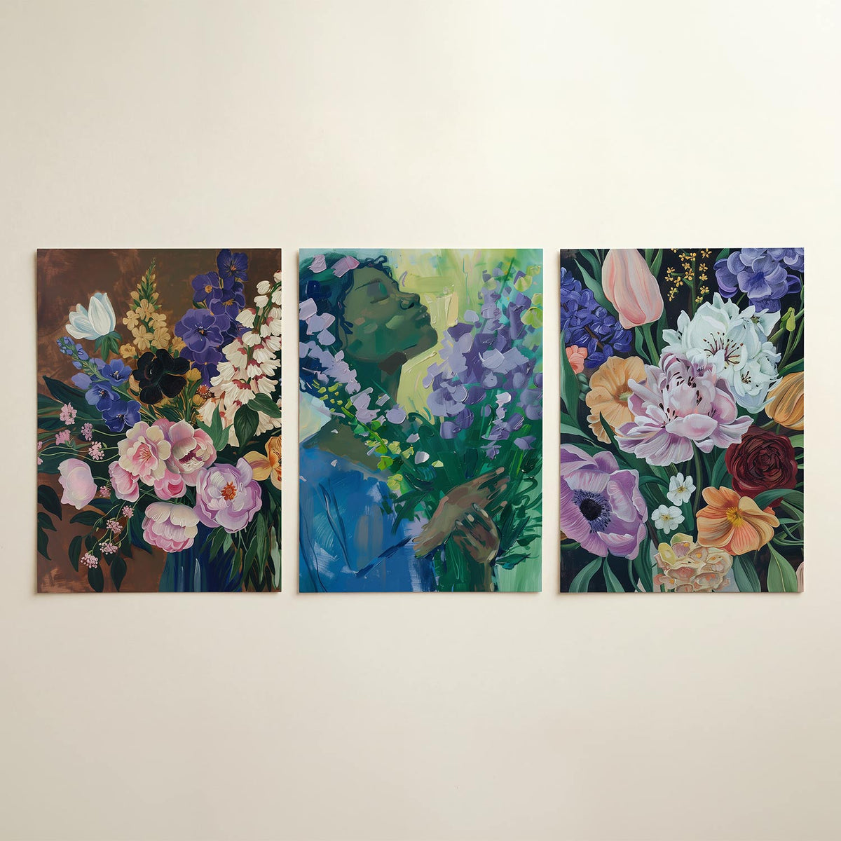 Bloemenpracht driedelige posterset in interieur