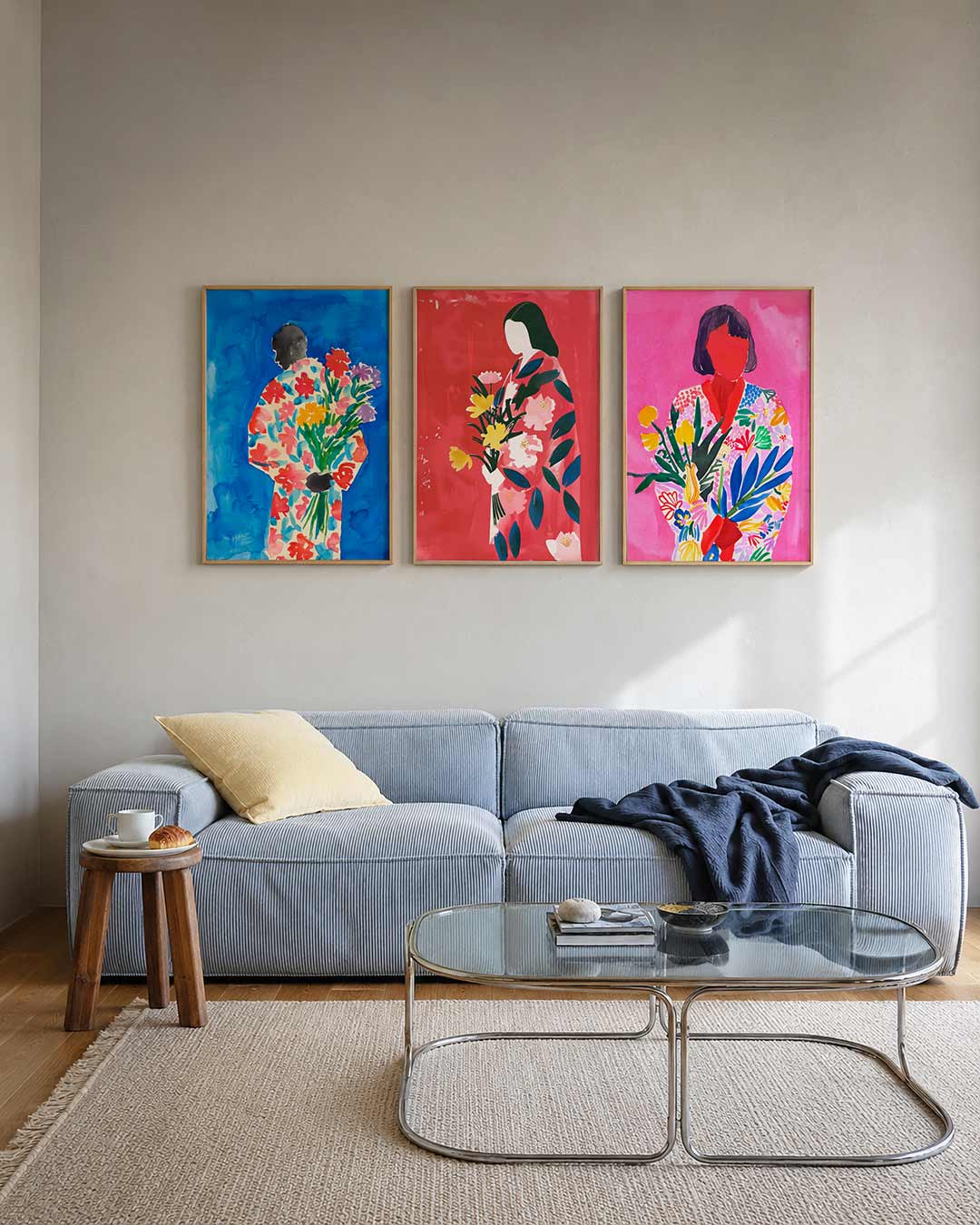 Bloemen en silhouet posterset – tweede productweergave – een silhouet met een kleurrijk bloemenpatroon tegen een