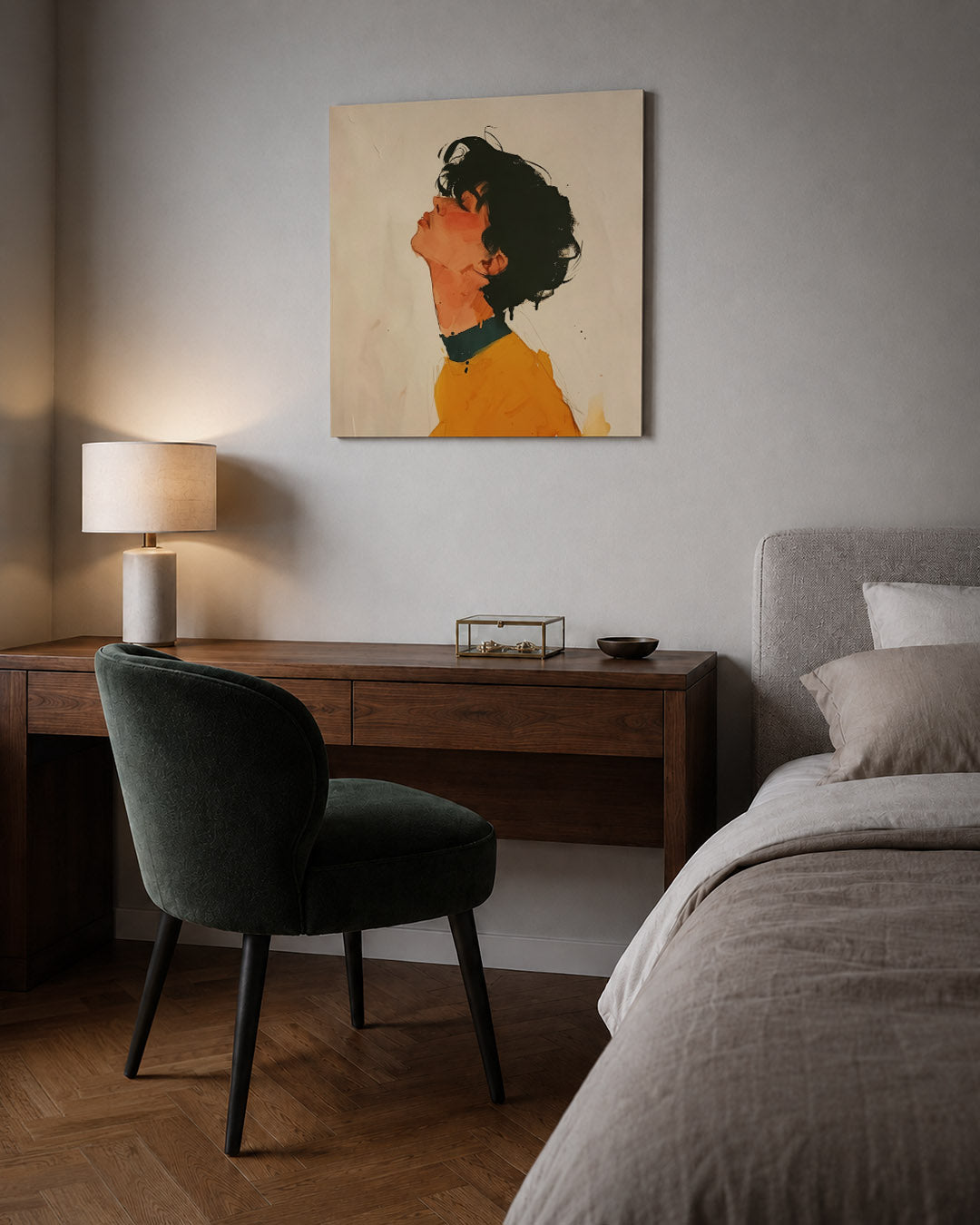 Portretstudie kunstwerk – sfeerbeeld – dit werk toont een zijaanzicht van een persoon met een expressieve houding. De kleuren