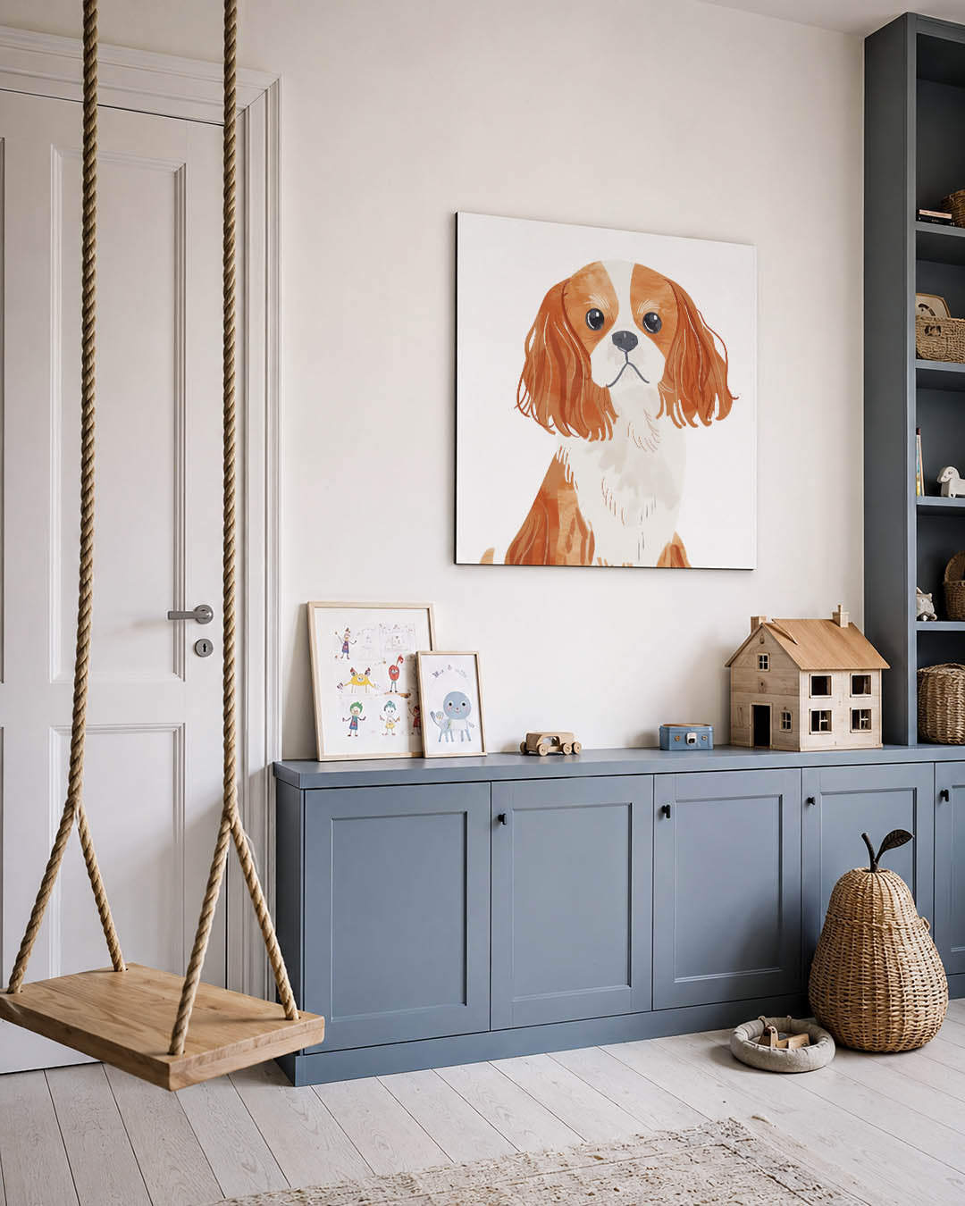 Hond illustratie kunstwerk – vierkante wanddecoratie – dit toont een hond met lange oren en een vriendelijke uitdrukking. De