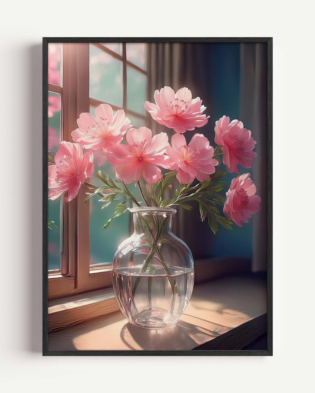 Romantische Bloemen bij het Raam – bloemen portret poster als wanddecoratie