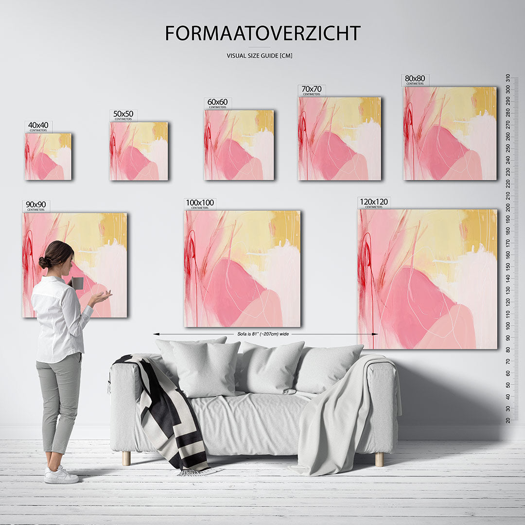 Dynamische kleurencompositie kunstwerk – materiaalweergave – dit kunstwerk toont een levendige mix van roze en gele tinten