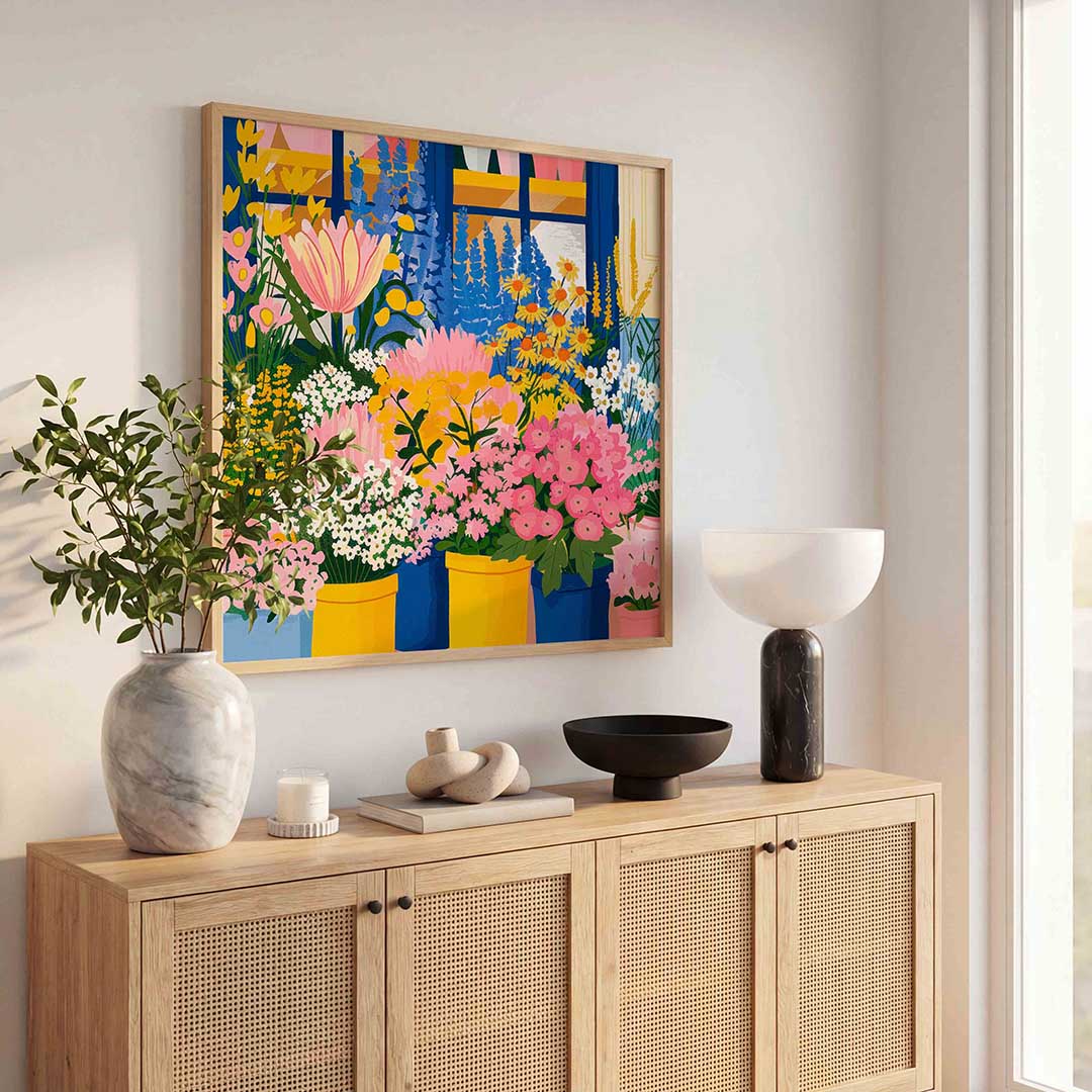 Bloemenzee voor raam – illustratie poster in vierkant formaat