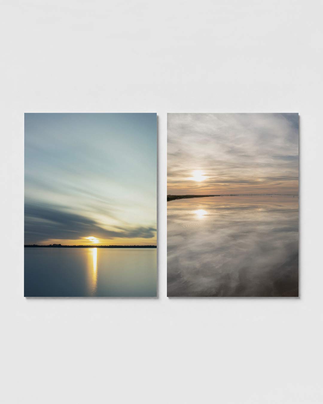 Licht en reflectie posterset – sfeerbeeld – een horizon met zachte, vloeiende lijnen. De lucht en het water spelen met licht