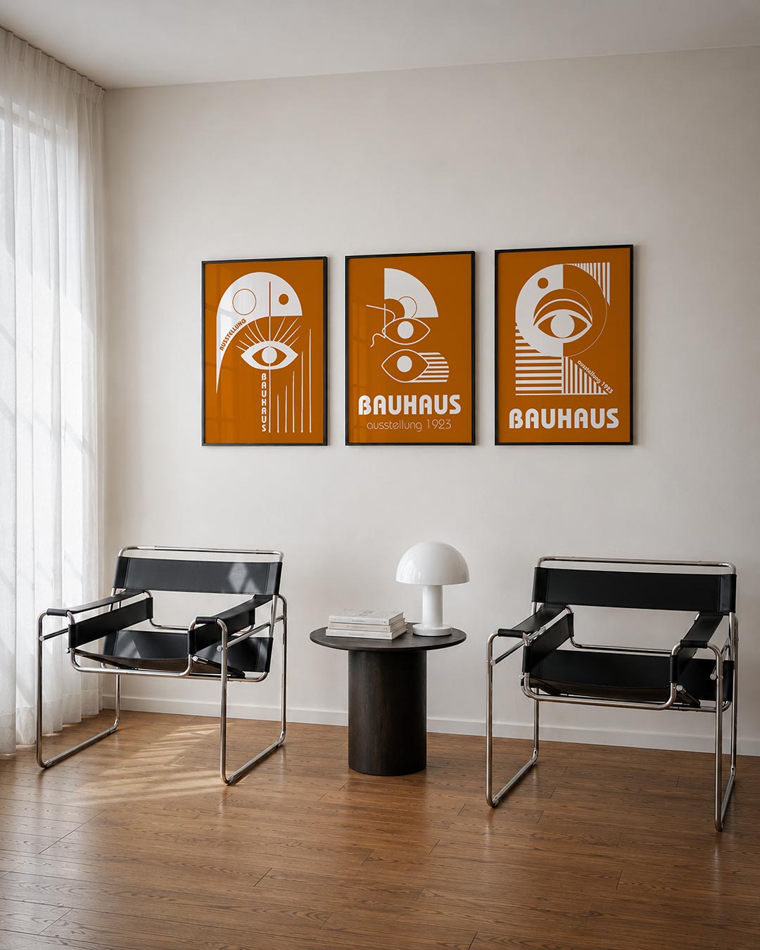Oog en lijnen driedelige posterset – deze posterset in drie delen toont een opvallend wit oog met stralen op een warme oranje