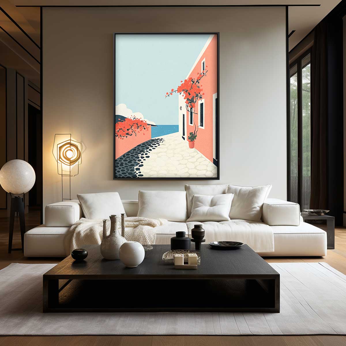 Zonnige Mediterrane Straat – kunstwerk met zwarte baklijst