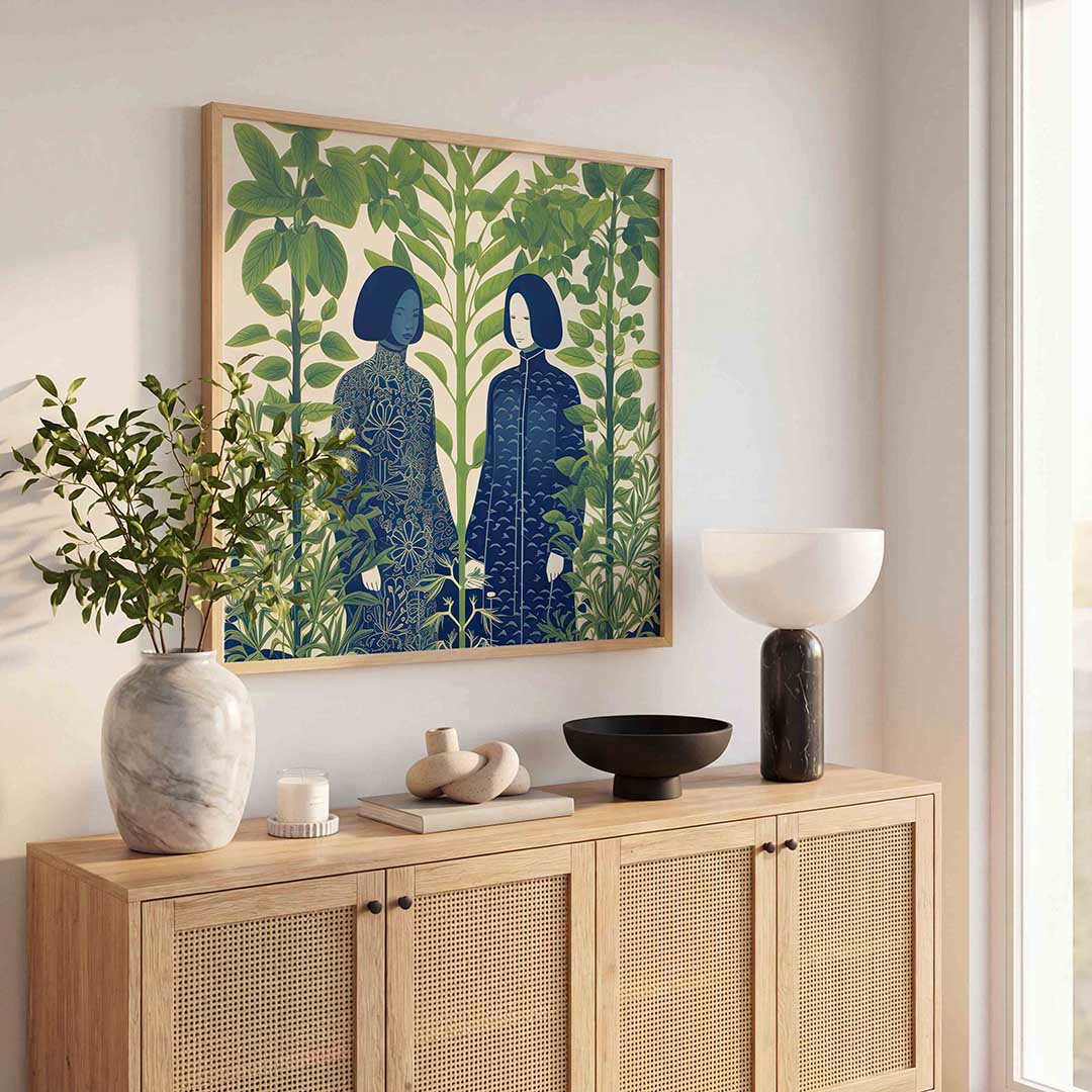 Twee figuren tussen groene planten – illustratie poster in vierkant formaat