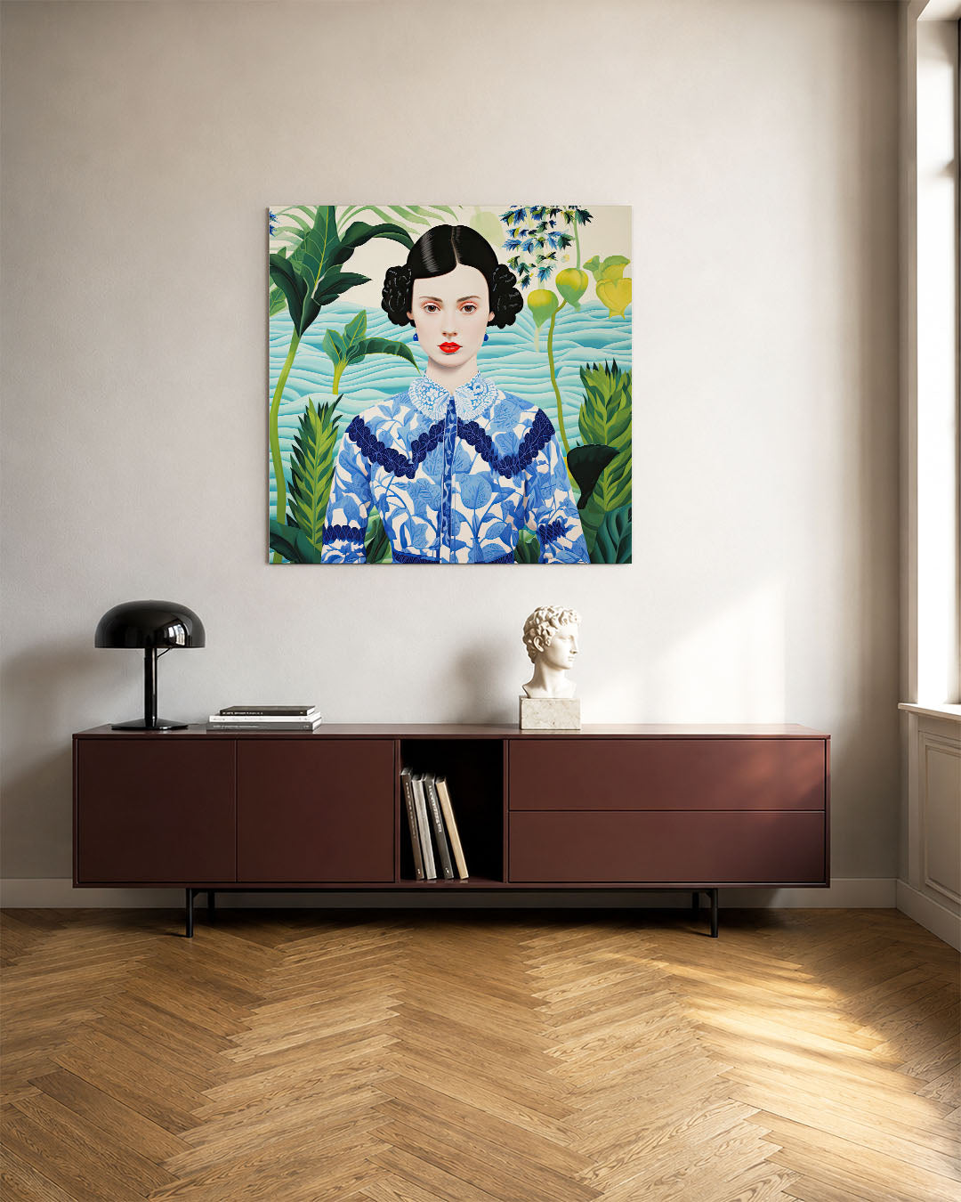 Vrouw in natuurlijke omgeving kunstwerk – tweede productweergave – dit werk toont een vrouw met een blauw-wit patroon in een