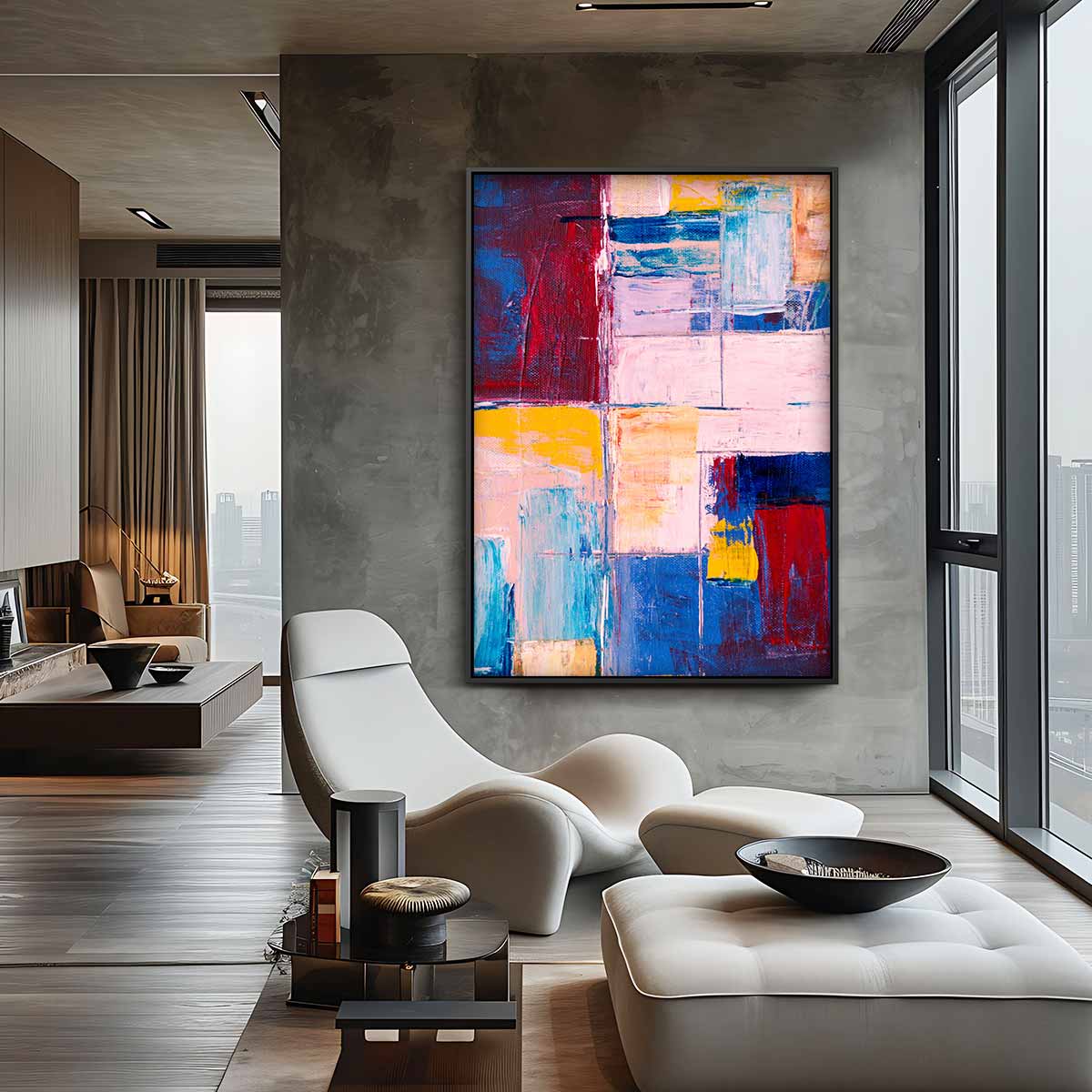 Kleurrijke Abstracte Compositie – dibond wanddecoratie in staand formaat