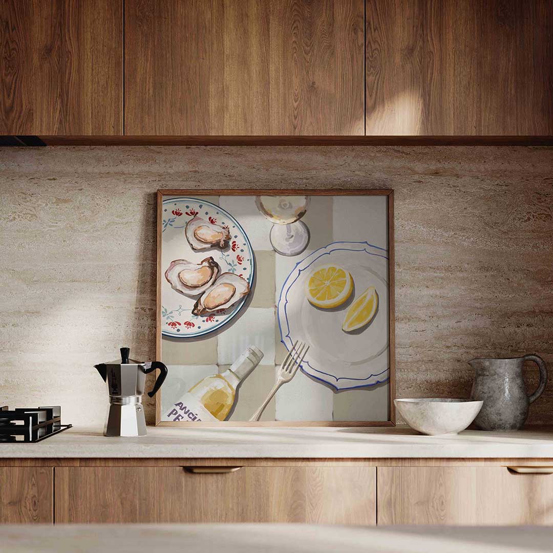 Oesters en citroen – culinaire wandkunst als vierkante poster