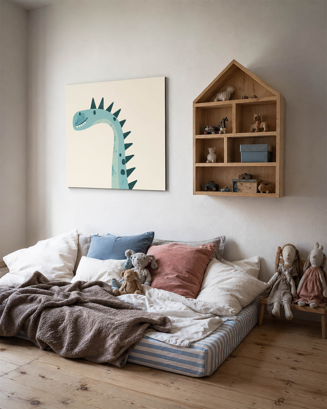 Vrolijke dino illustratie kunstwerk – derde productweergave – dit kunstwerk toont een speelse dinosaurus met een glimlach