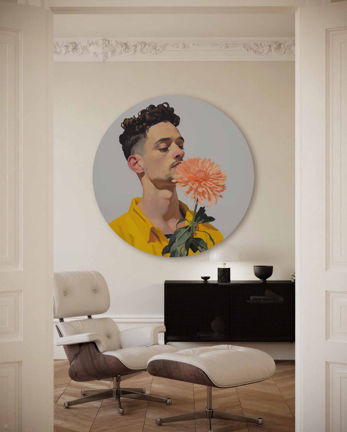 Man met bloem – muurcirkel met kleur en vormen voor aan de muur