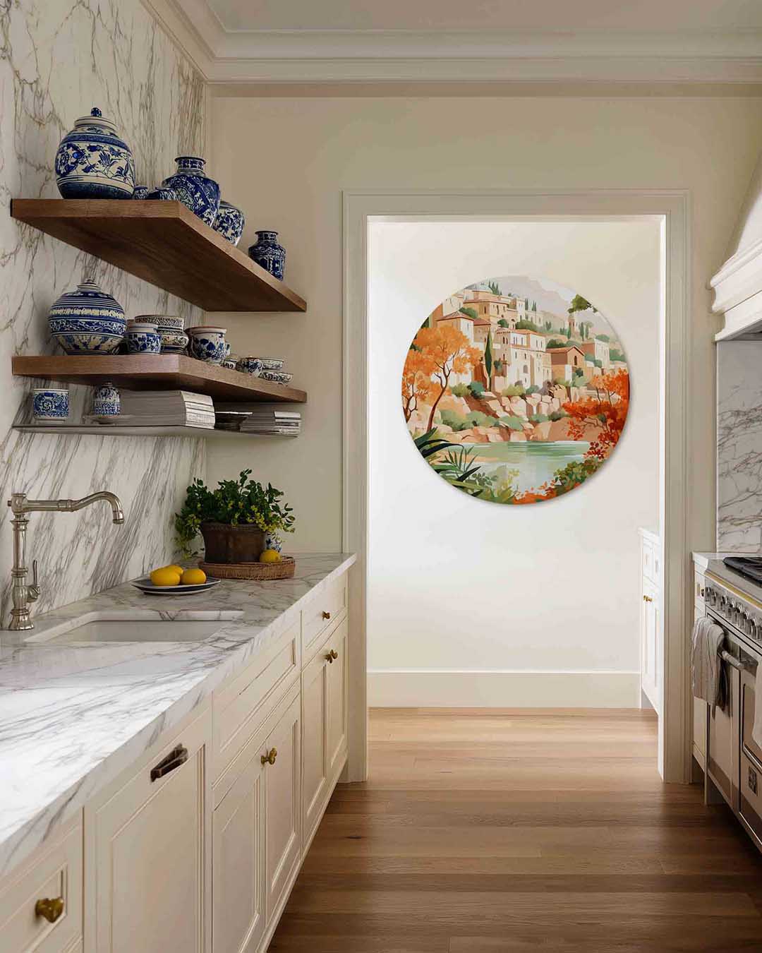 Mediterrane gebouwen – moderne abstracte muurcirkel voor aan de muur