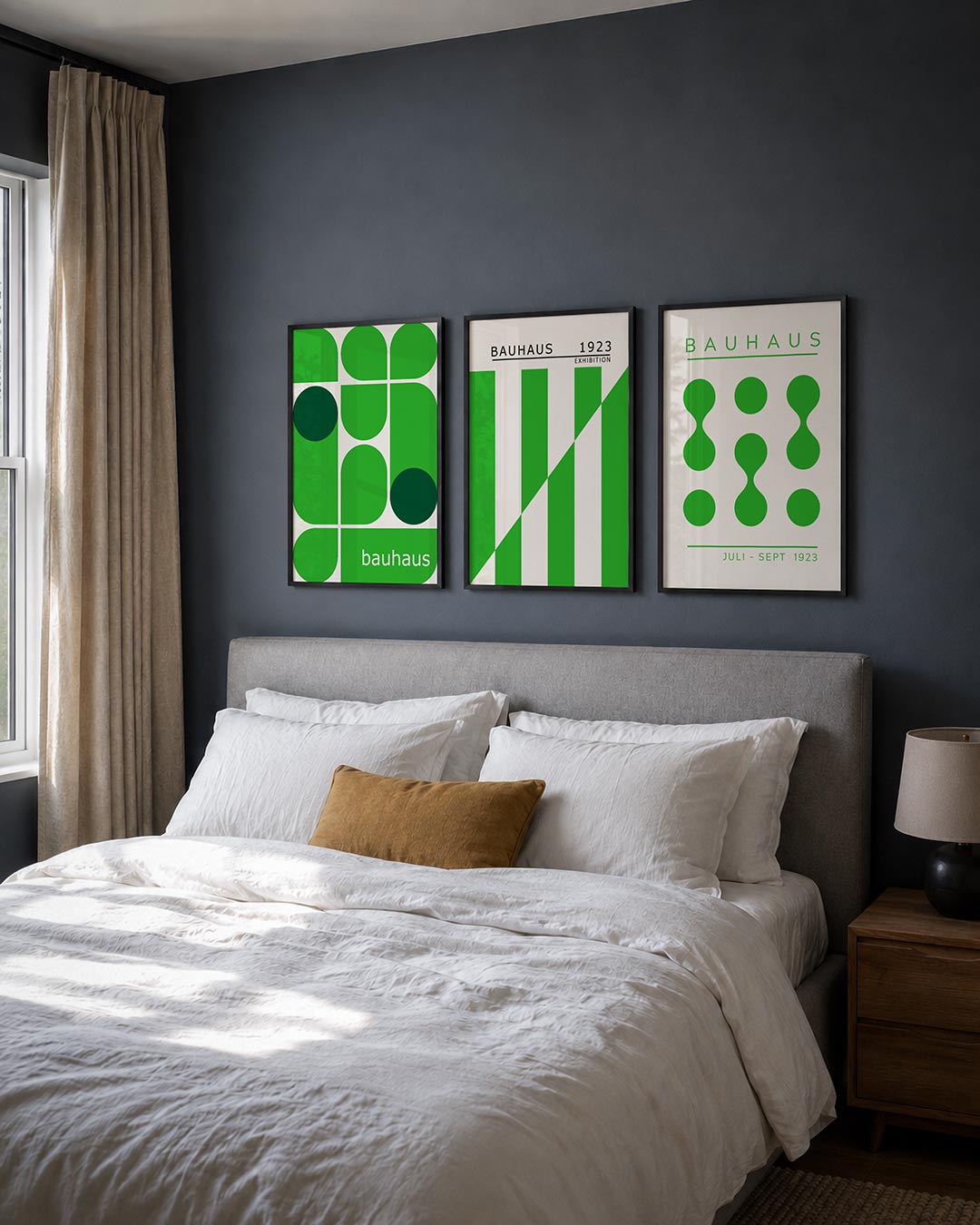 Groene vormenmix posterset – detailweergave – deze posterset in drie delen toont een speelse mix van groene vormen. Halve