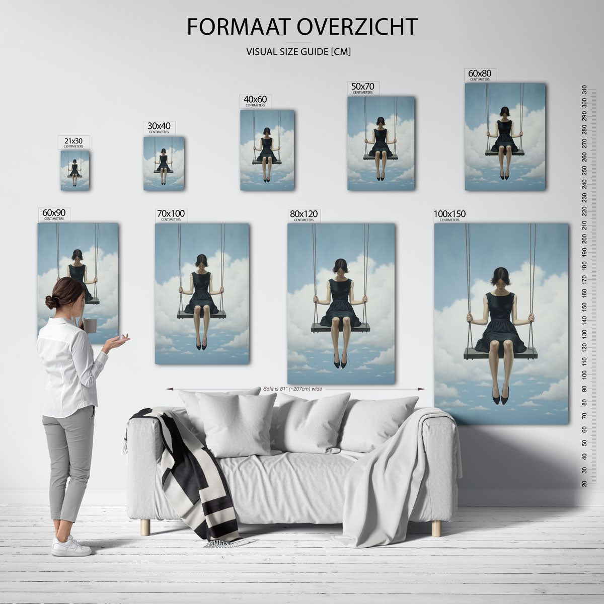 Vrouw op schommel – staande muurposter met surrealistische uitstraling