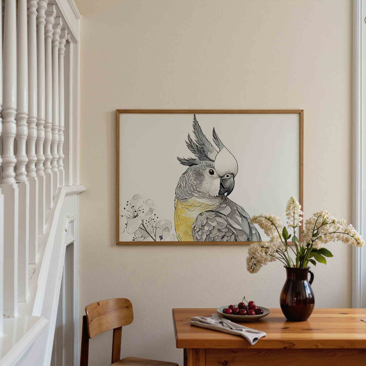 Papegaai met bloemen – dieren poster in liggend formaat