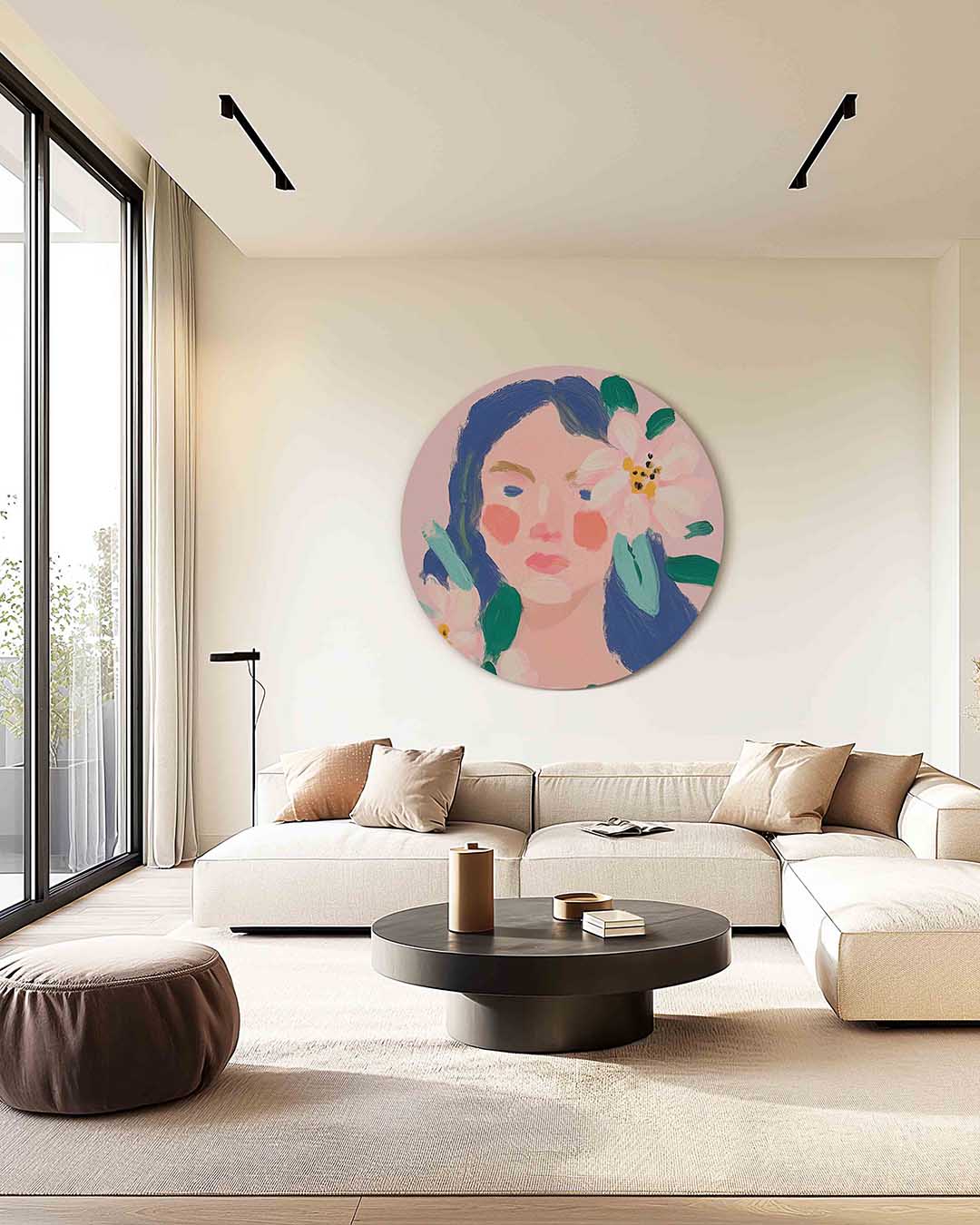 Vrouw met bloemen – kleurrijke muurcirkel als ronde wanddecoratie