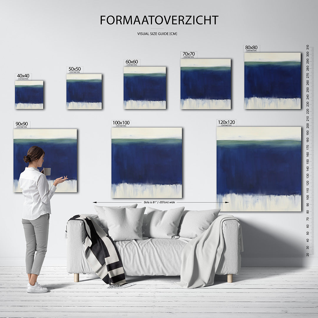 Horizontale kleurenlaag kunstwerk – materiaalweergave – dit werk toont een brede blauwe strook die de compositie domineert