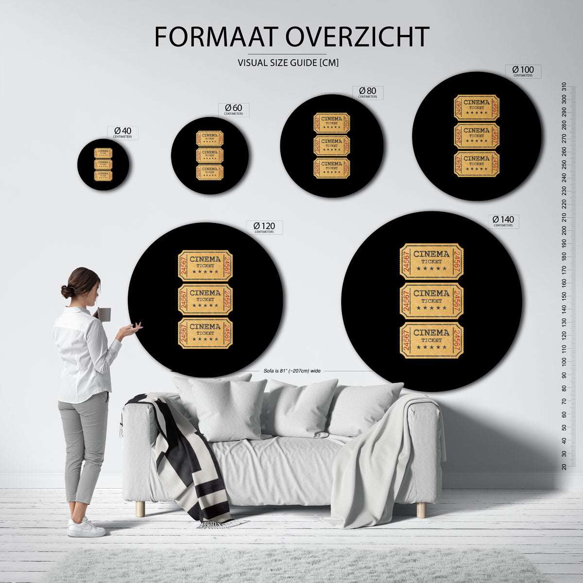 Bioscoopkaartjes – kleurrijke ronde muurdecoratie in Pop Art stijl