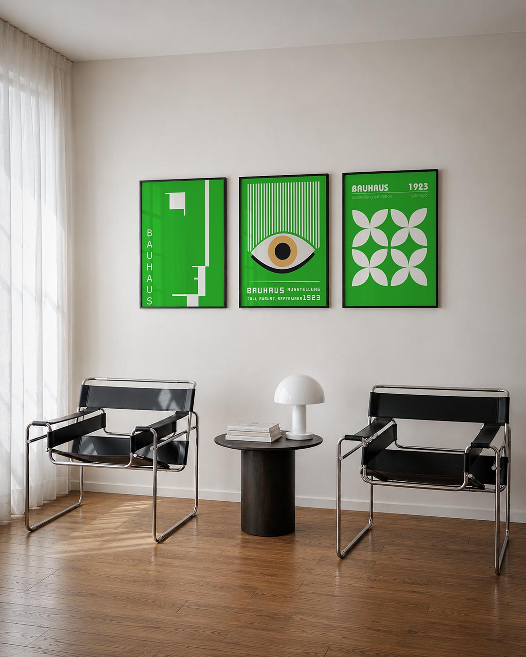 Vorm en kleur posterset – tweede productweergave – deze posterset in drie delen toont een levendig groen vlak met witte