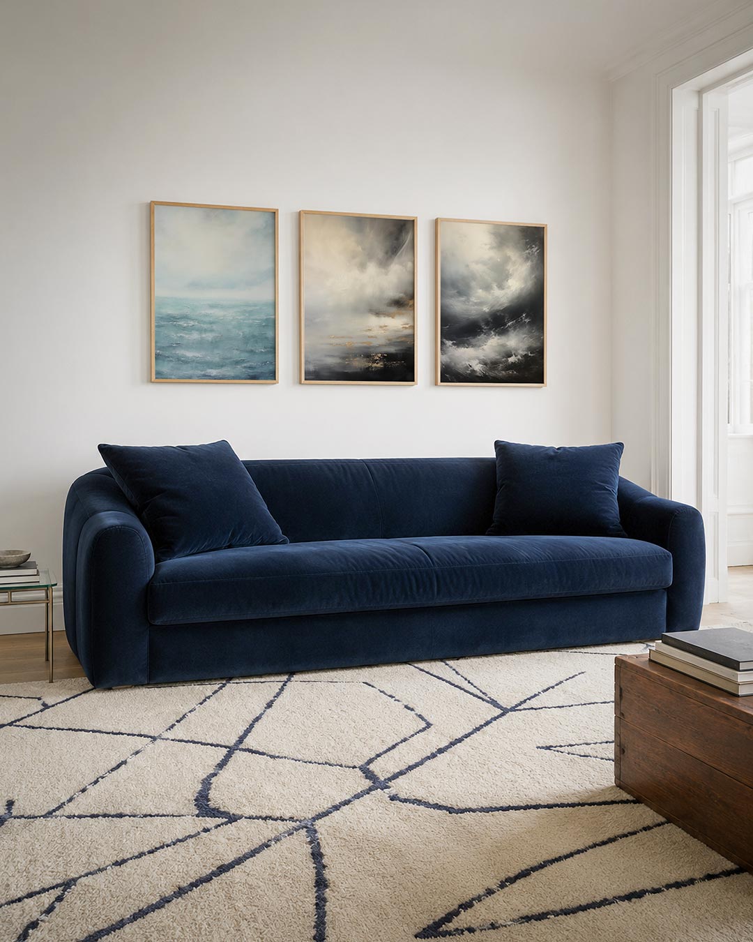 Zee en lucht driedelige posterset – deze compositie toont een vloeiende overgang van zee naar