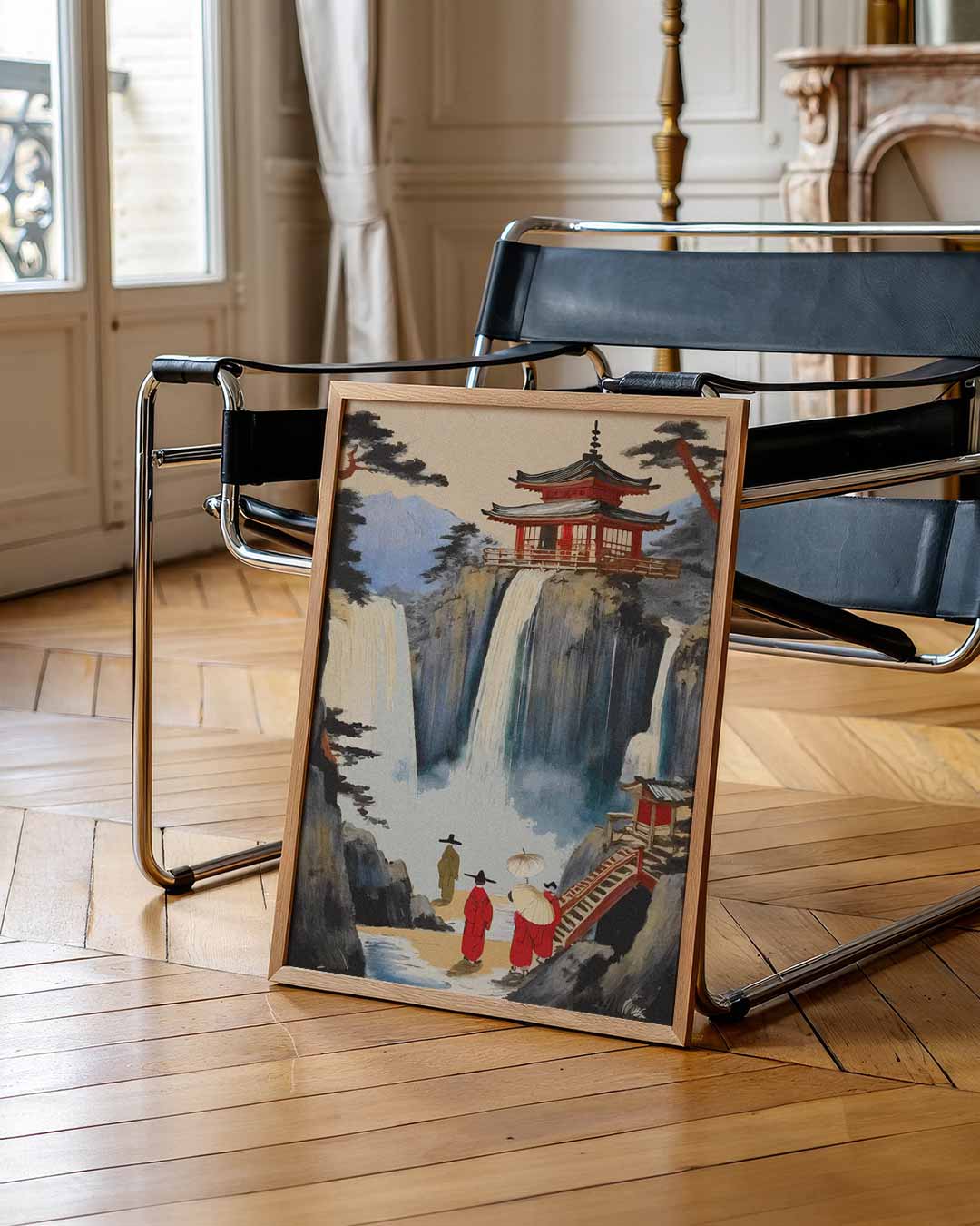 Japanse Waterval en Tempel – zomerse wandkunst als portret poster