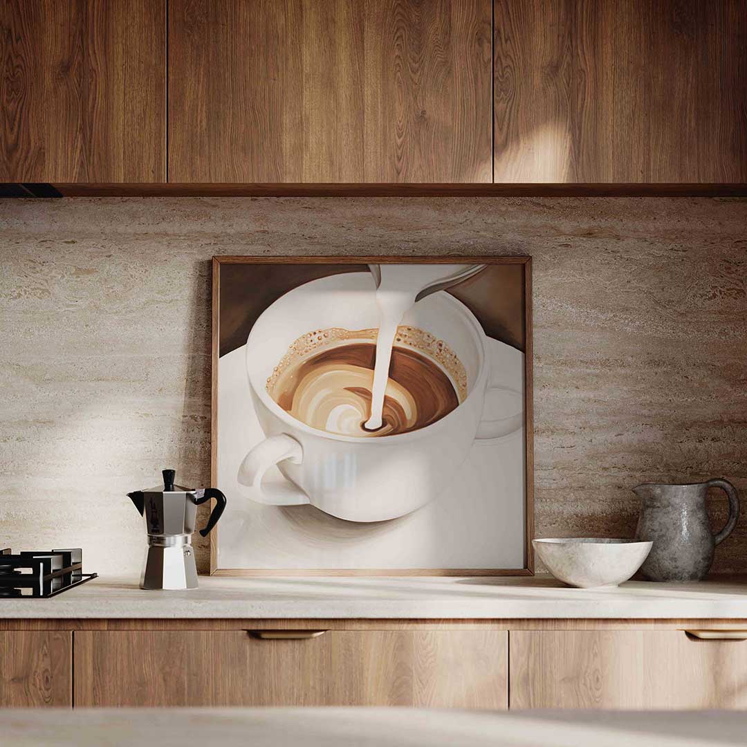 Koffiekop met melk – culinaire wandkunst als vierkante poster