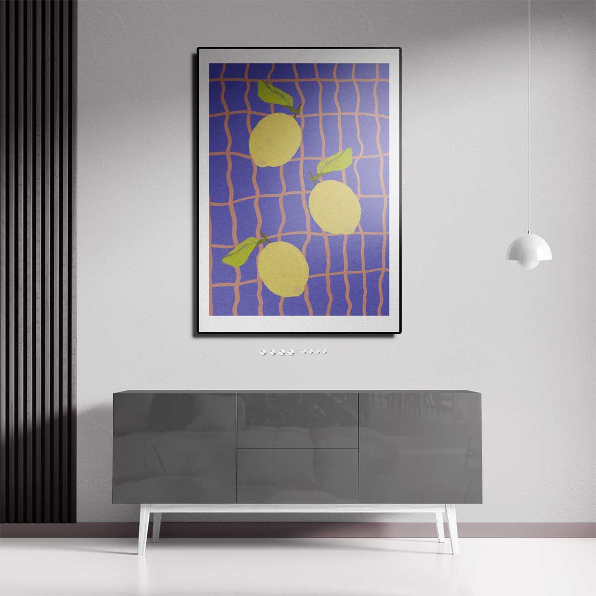Citroenen op Blauw Ruitpatroon – canvas kunstwerk als wanddecoratie