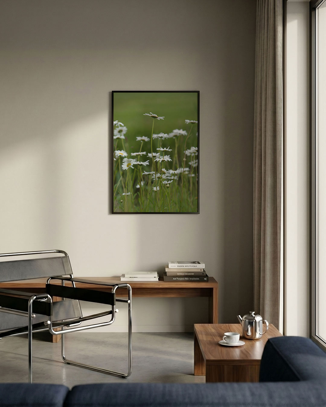 Bloemen in weide poster – detailweergave – deze poster toont een weide vol witte bloemen tegen een groene achtergrond. De