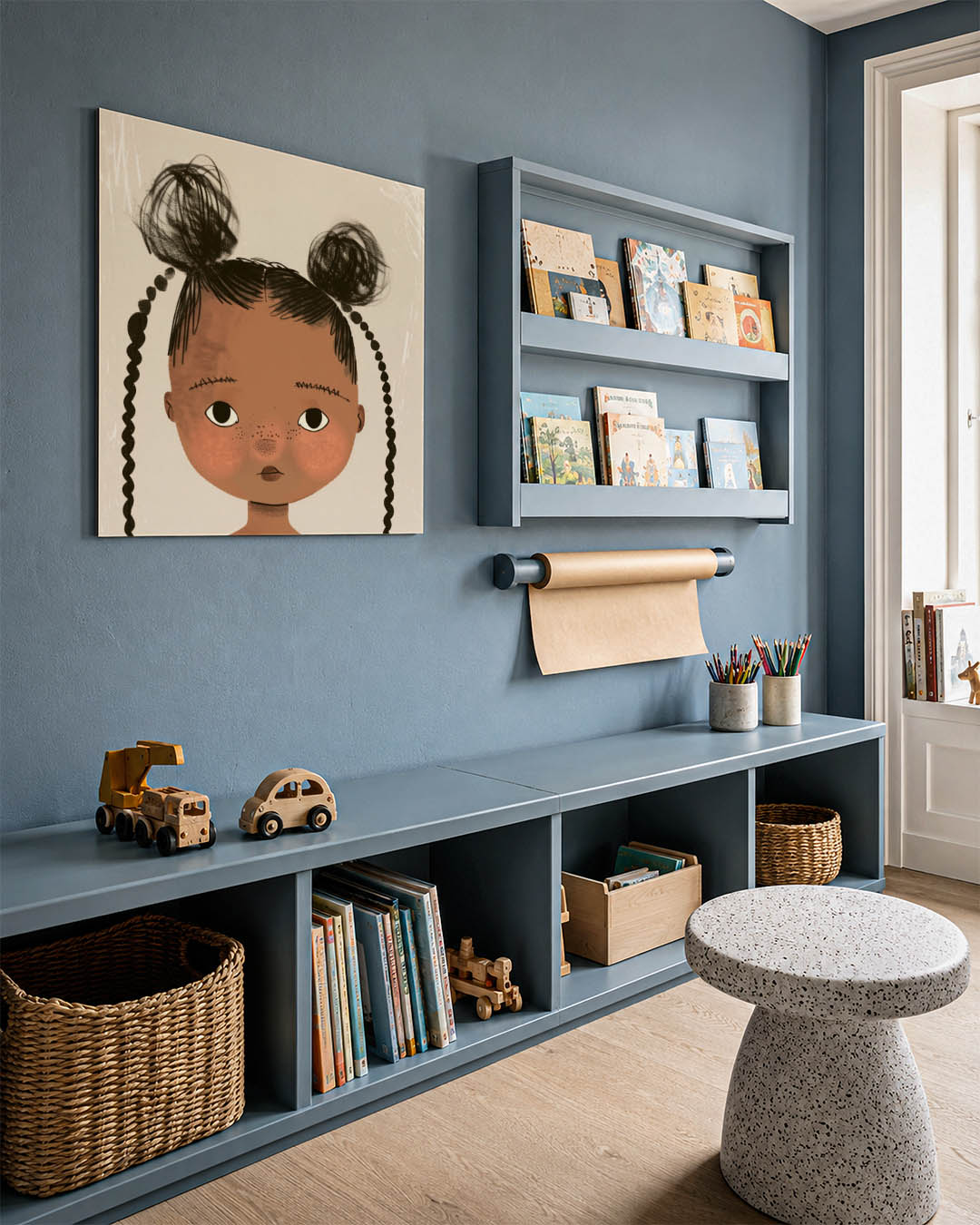 Kinderportret met vlechten kunstwerk – detailweergave – dit werk toont een kind met expressieve ogen en speelse vlechten