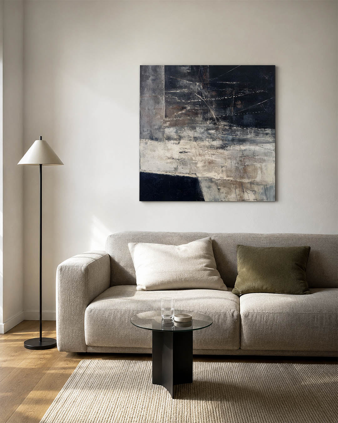 Gelaagde structuren kunstwerk – vierkante wanddecoratie – dit kunstwerk toont een compositie van lijnen en vlakken in donkere