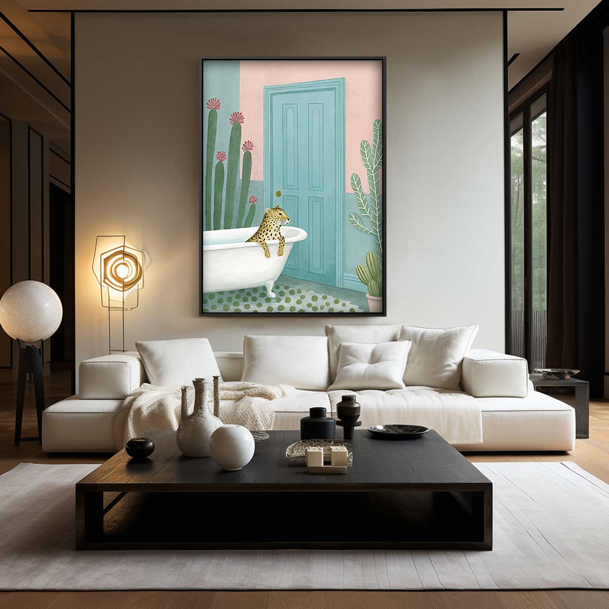 Luierende Luipaard in Bad – staand kunstwerk voor modern interieur