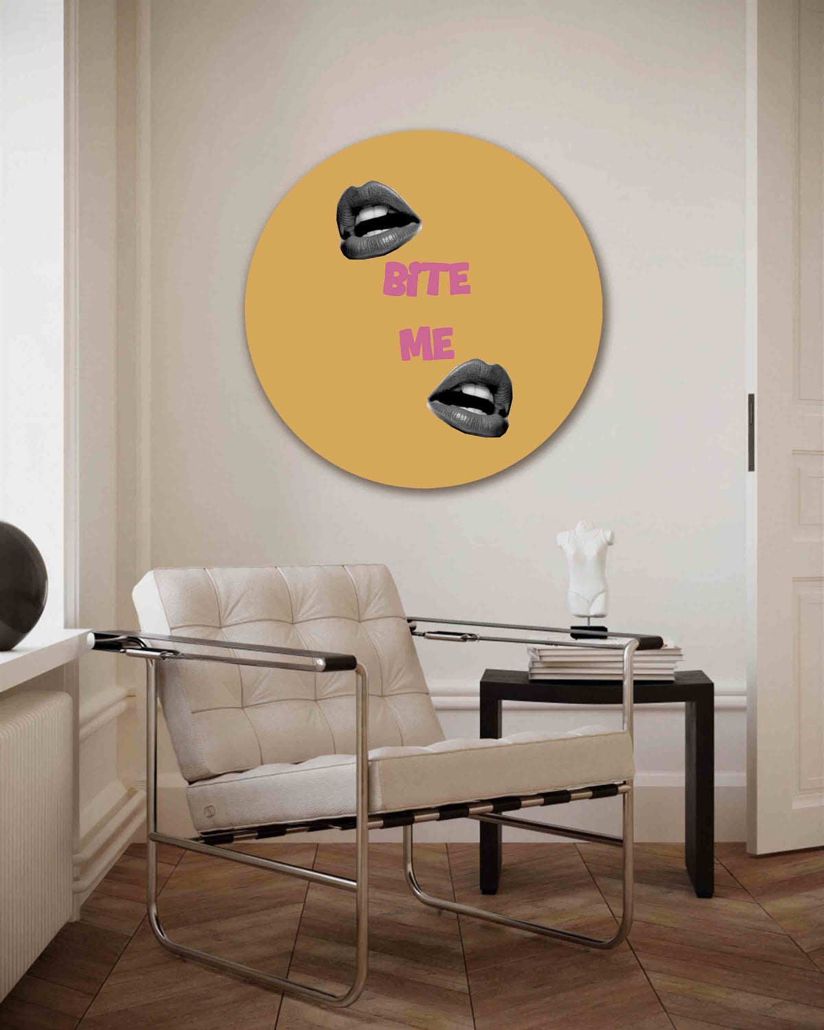 Lippen en tekst – Pop Art muurcirkel als ronde wanddecoratie
