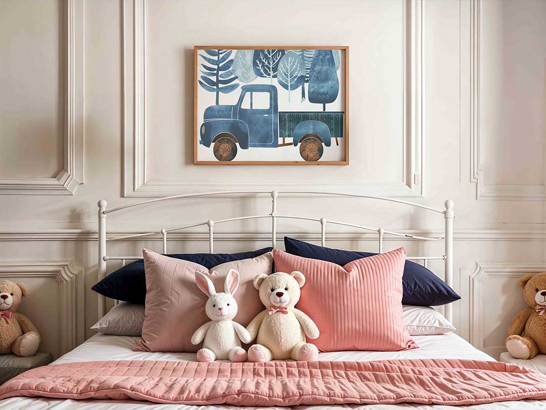 Blauwe vrachtwagen met bomen – kids poster in liggend formaat