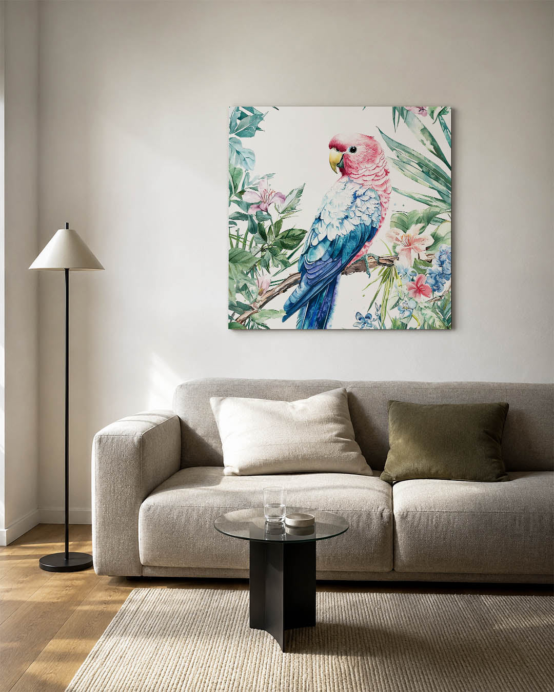 Vrolijke papegaai kunstwerk – detailweergave – dit kunstwerk toont een kleurrijke papegaai omringd door weelderige bladeren