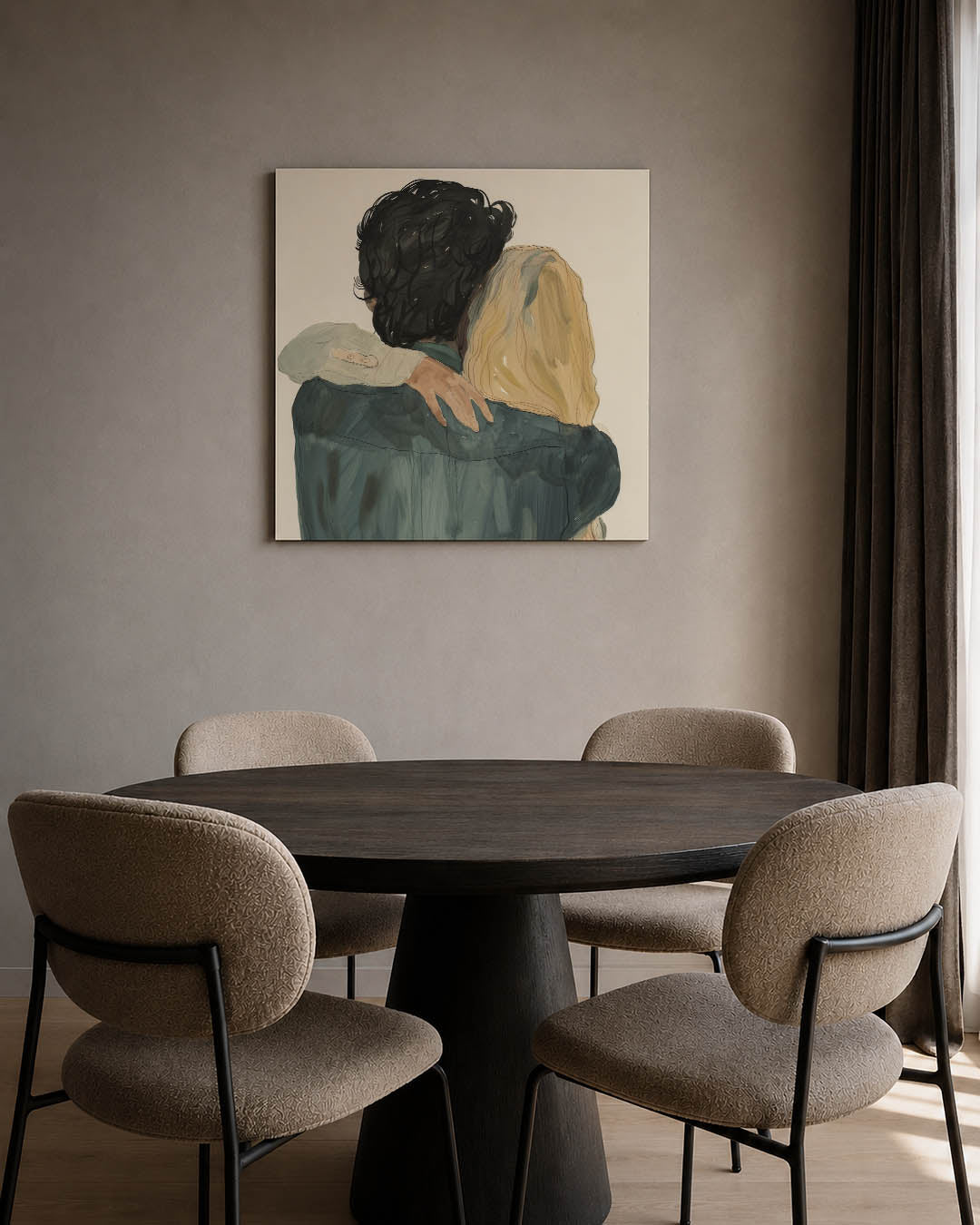 Intieme omhelzing kunstwerk – tweede productweergave – dit werk toont een intieme omhelzing van twee figuren. De zachte