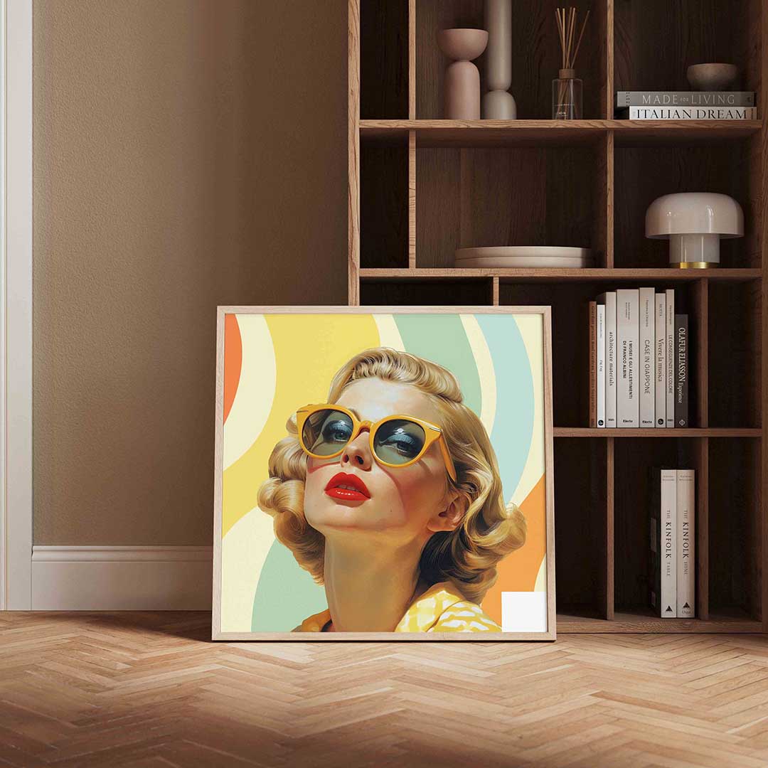 Vrouw met zonnebril – kleurrijke Pop Art poster in vierkant formaat