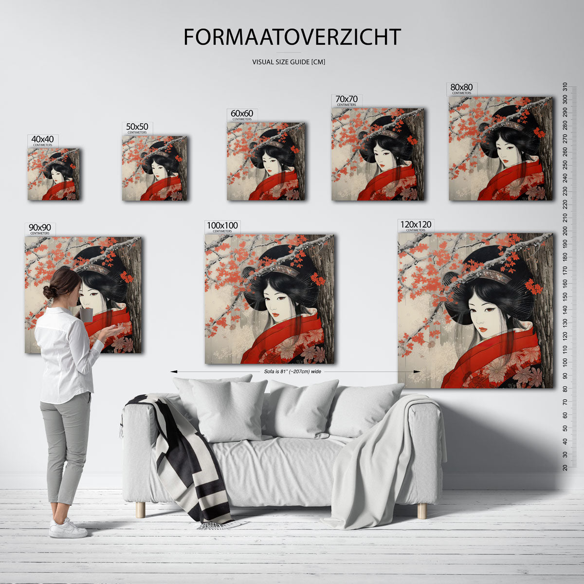 Vrouw met rode bloemen – vierkante muurposter met Aziatische uitstraling