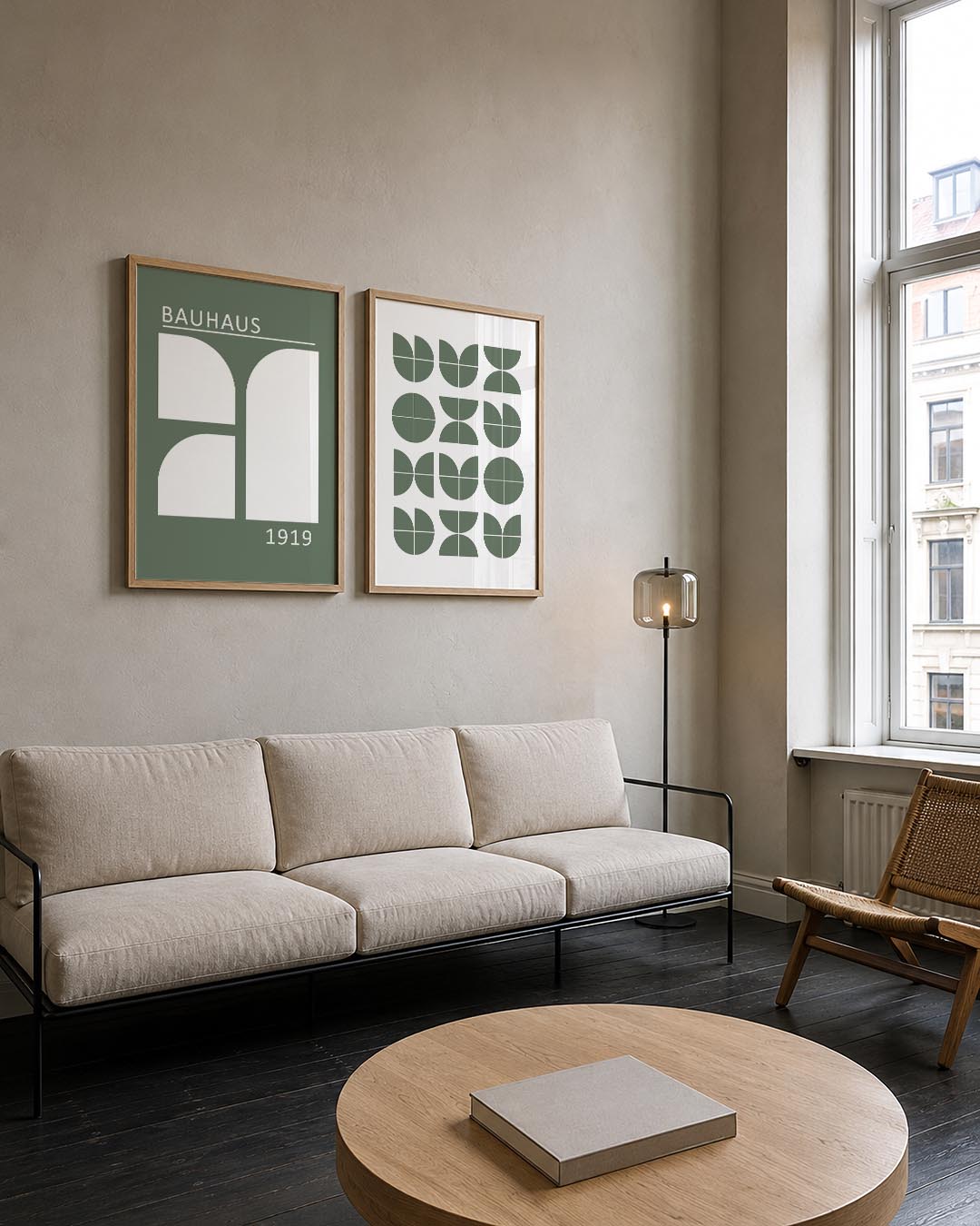 Vorm en balans Posterset-Bauhaus-geïnspireerde geometrische posters in een modern interieur