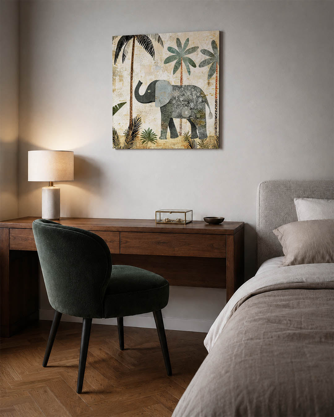 Olifant en palmbomen kunstwerk – materiaalweergave – dit werk toont een olifant omringd door palmbomen en bladeren. De zachte