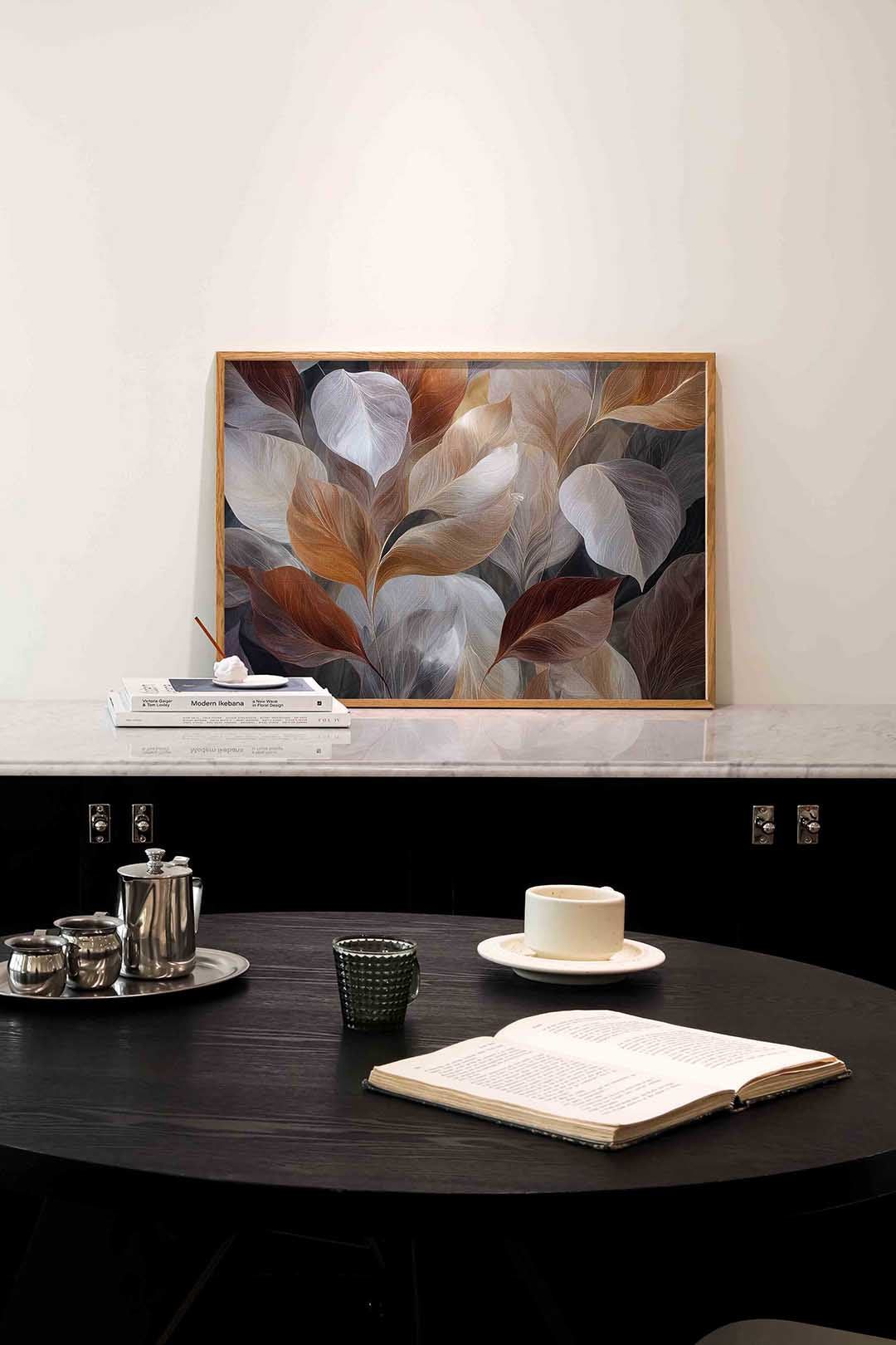 Bladeren in warme tinten – abstracte poster in liggend formaat