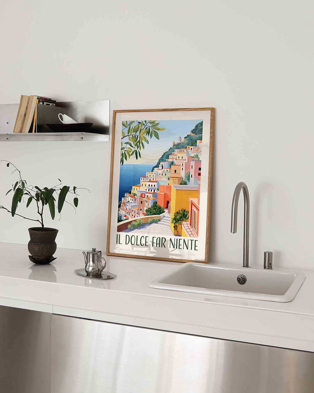 Gekleurde huizen aan zee – keukenposter in staand formaat