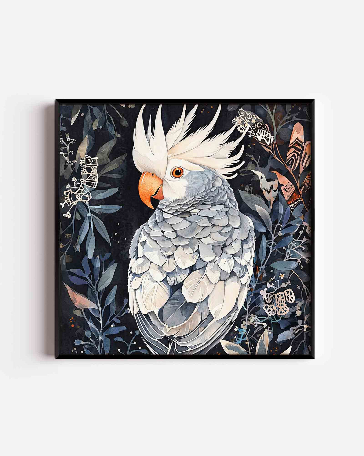 Papegaai en bladeren – vierkante dierenposter als wanddecoratie