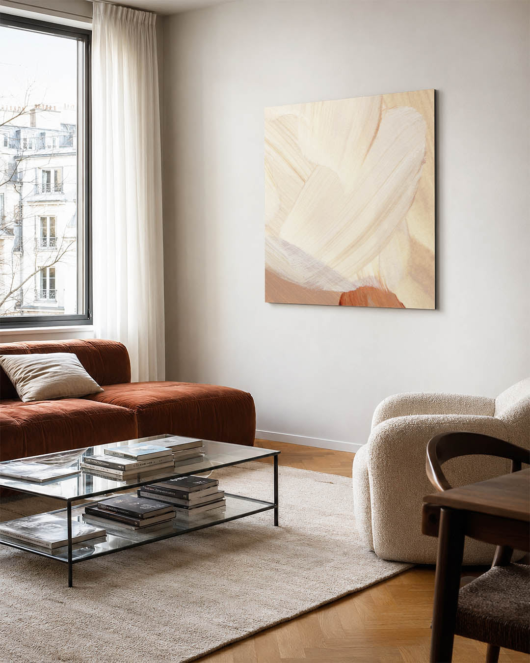 Penseelstreken kunstwerk – vierkante wanddecoratie – dit werk toont vloeiende penseelstreken in zachte beige en bruin tinten.